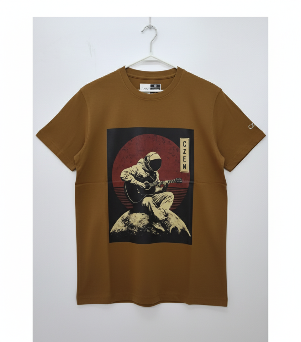 Astronaut with guitar printed Brown T-Shirt - Premium Cotton (220 GSM)